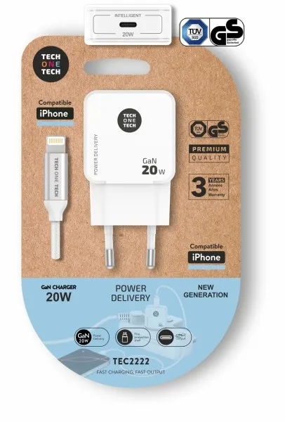 Caricabatterie da parete TechOneTech Ultra Fast GaN da 20 W bianco + cavo Apple - immagine 1