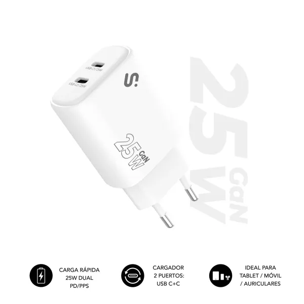 Caricabatterie da parete Subblim GaN 25W - 2xUSB-C - Ricarica rapida - Bianco - immagine 1