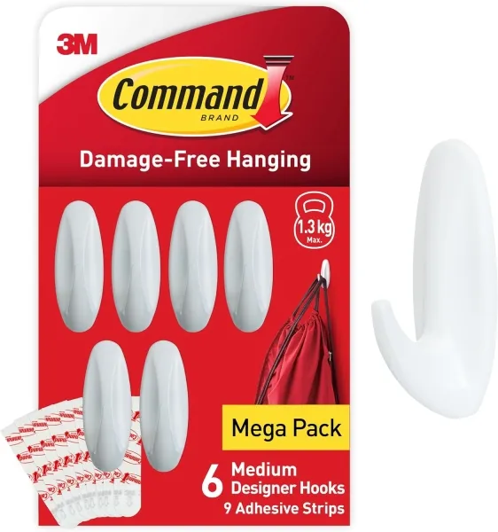 Confezione da 6 ganci di design medi Command - 9 strisce adesive - Supporta fino a 13 kg - Bianco - immagine 1