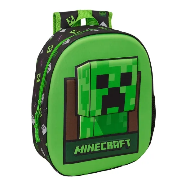 Zaino Safta Minecraft 3D - Portaborraccia - Spallacci imbottiti - Maniglia superiore - 27x33x10 cm - Verde e nero - immagine 1