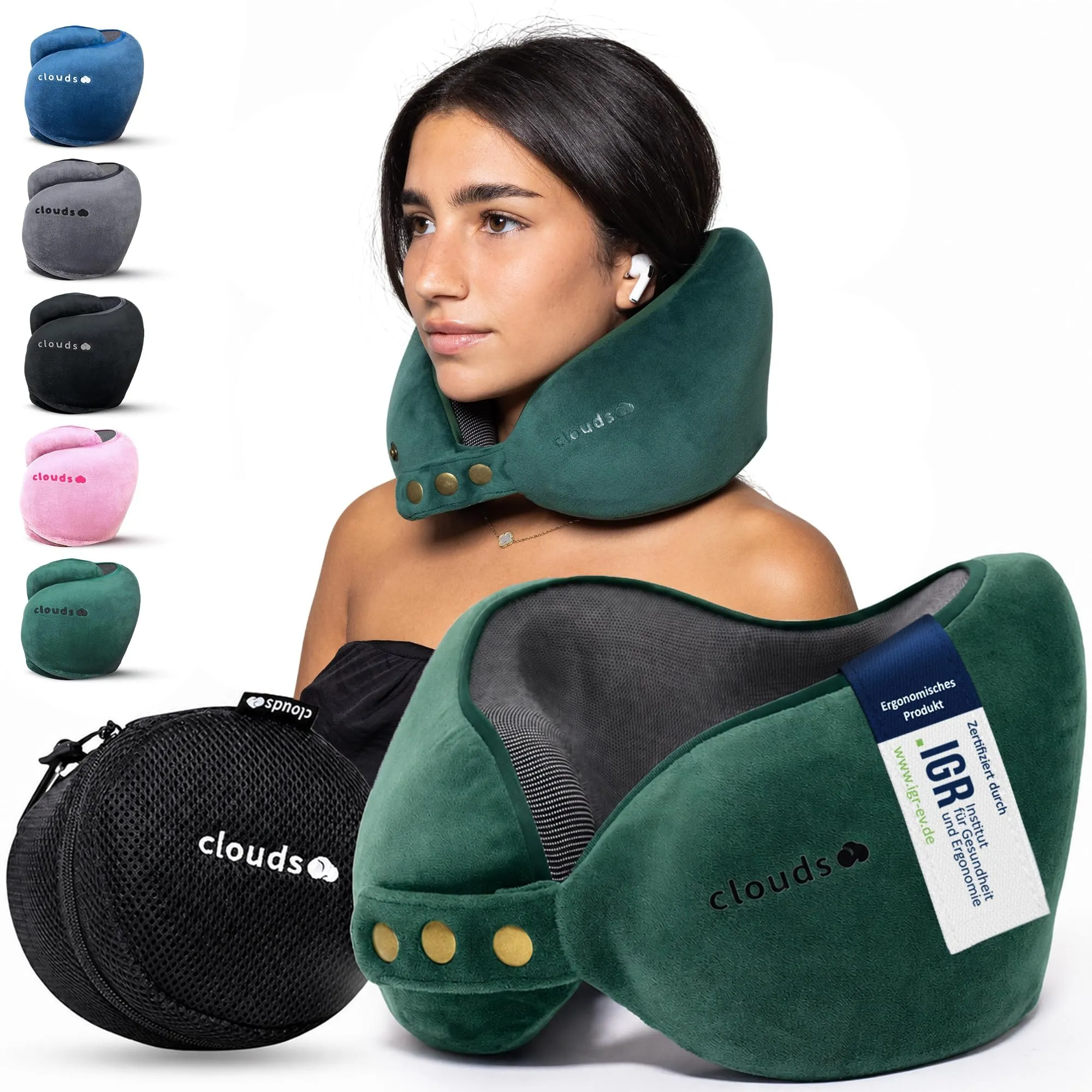 CLOUDS Cuscino da Viaggio in Memory Foam, 2 Taglie, Verde Piccolo/Medio - immagine 1