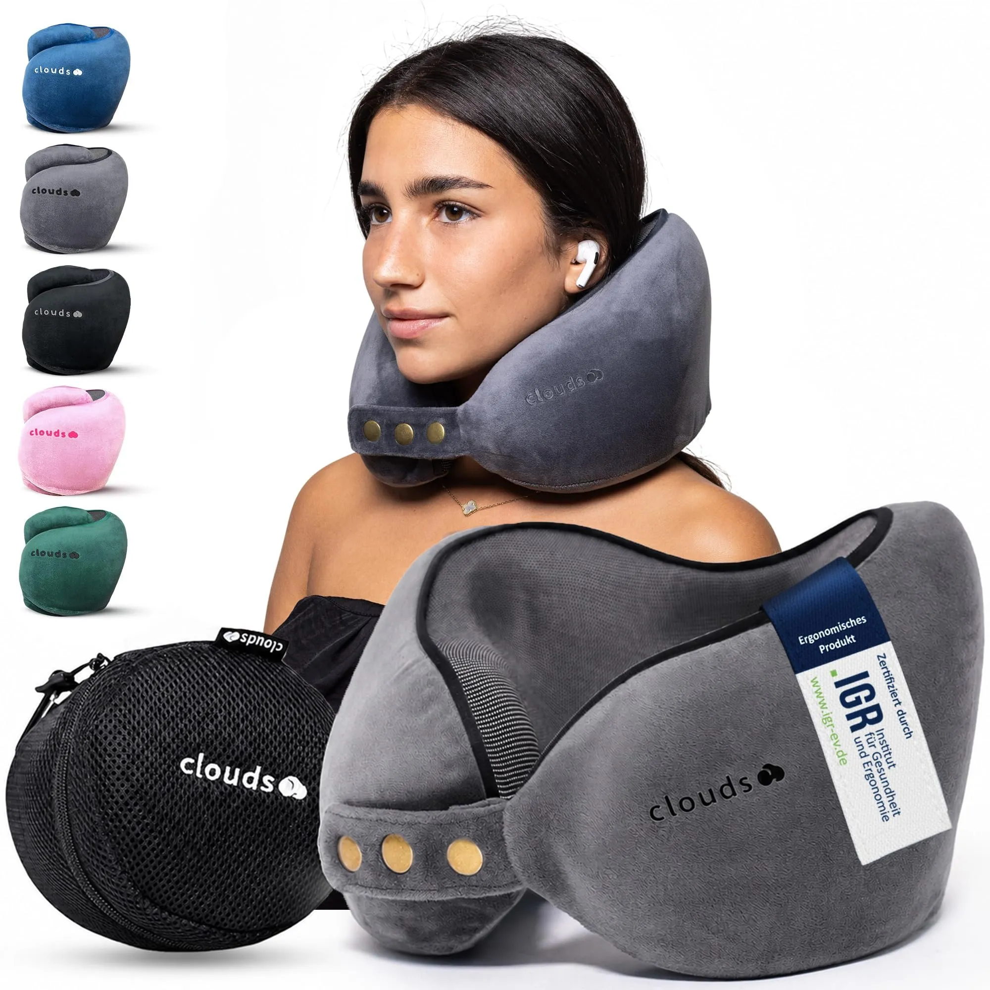 CLOUDS Cuscino da Viaggio in Memory Foam, 2 Taglie, Grigio Piccolo/Medio - immagine 1