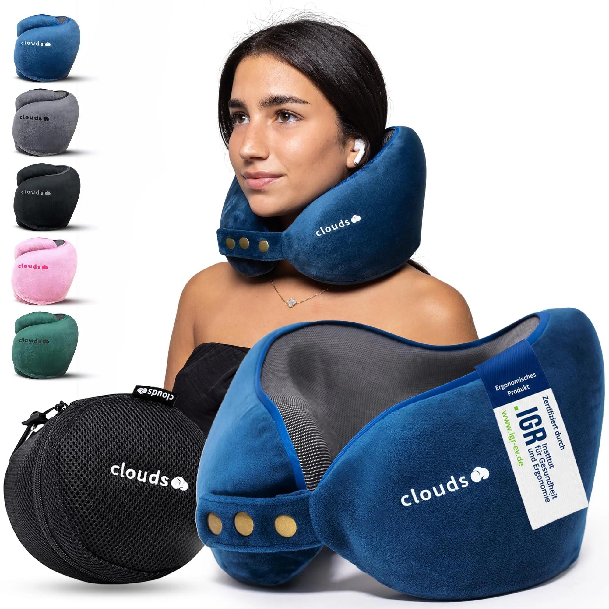 CLOUDS Cuscino da Viaggio in Memory Foam, 2 Taglie, Blu Piccolo/Medio - immagine 1