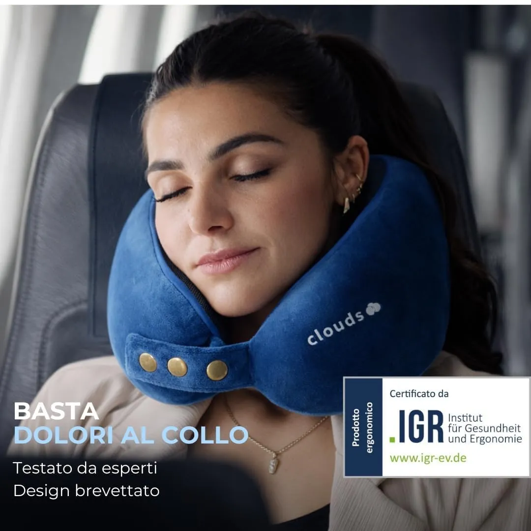 CLOUDS Cuscino da Viaggio in Memory Foam, 2 Taglie, Blu Piccolo/Medio - immagine 3