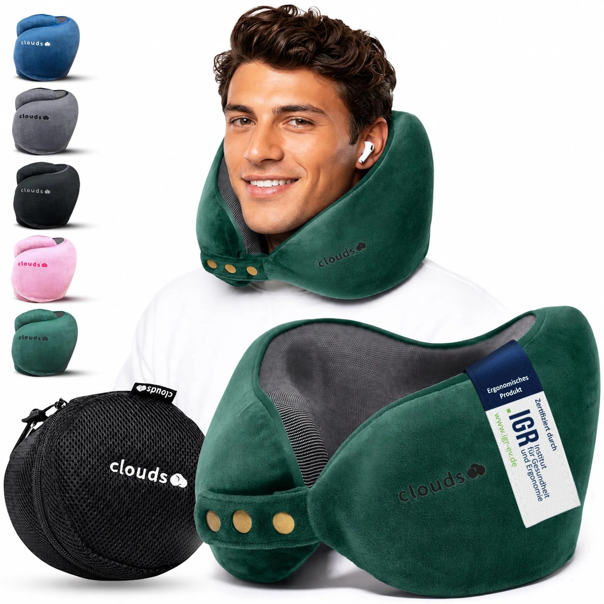 CLOUDS Cuscino da Viaggio in Memory Foam, 2 Taglie, Verde L/XL - immagine 1
