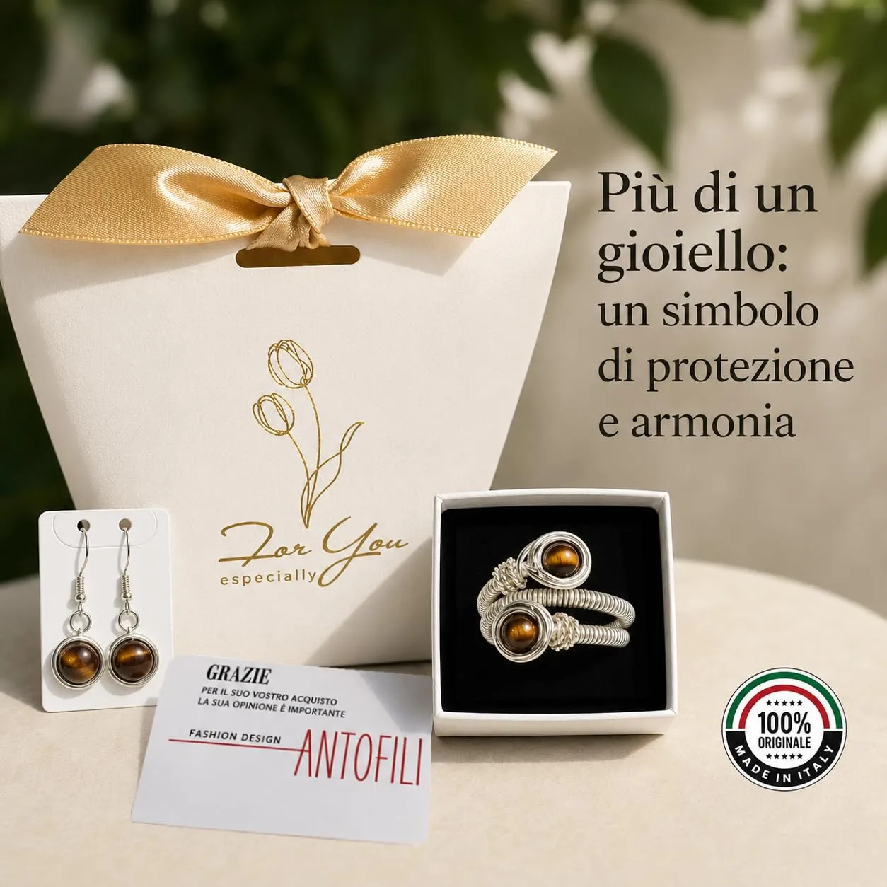 Generico Anello Donna Agata Naturale Regolabile – Anelli in Pietra Portafortuna Protezione Energia Positiva – Idea Regalo Donna con Orecchini – Fatto a Mano in Italia - immagine 6