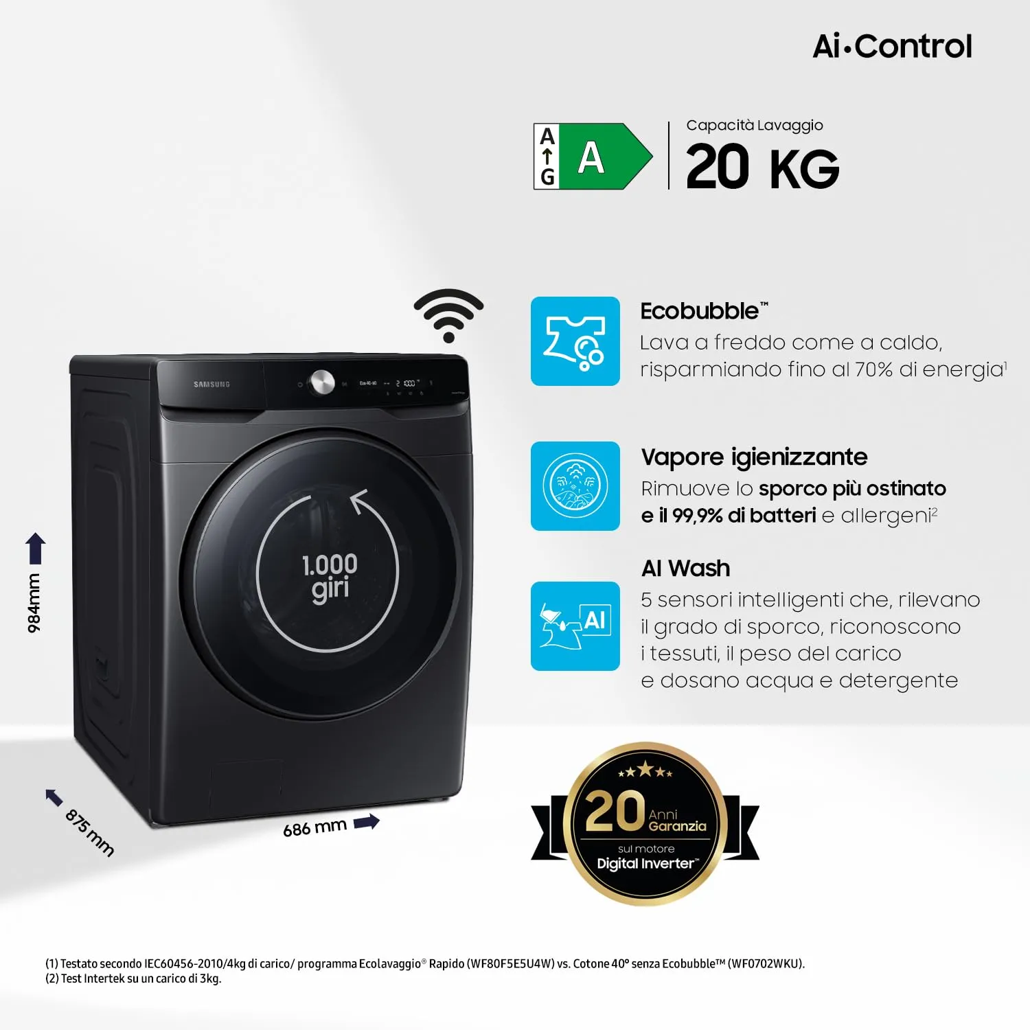 Samsung Lavatrice AI Control WF20DG8650BV/U3 Libera installazione, 20 Kg, Wifi, Ecobubble, AI Wash, Vapore Igienizzante, Carica Frontale, Corpo: Bianco, Oblò: Nero, 68,6l x 98,4h x 87,5p cm - immagine 2