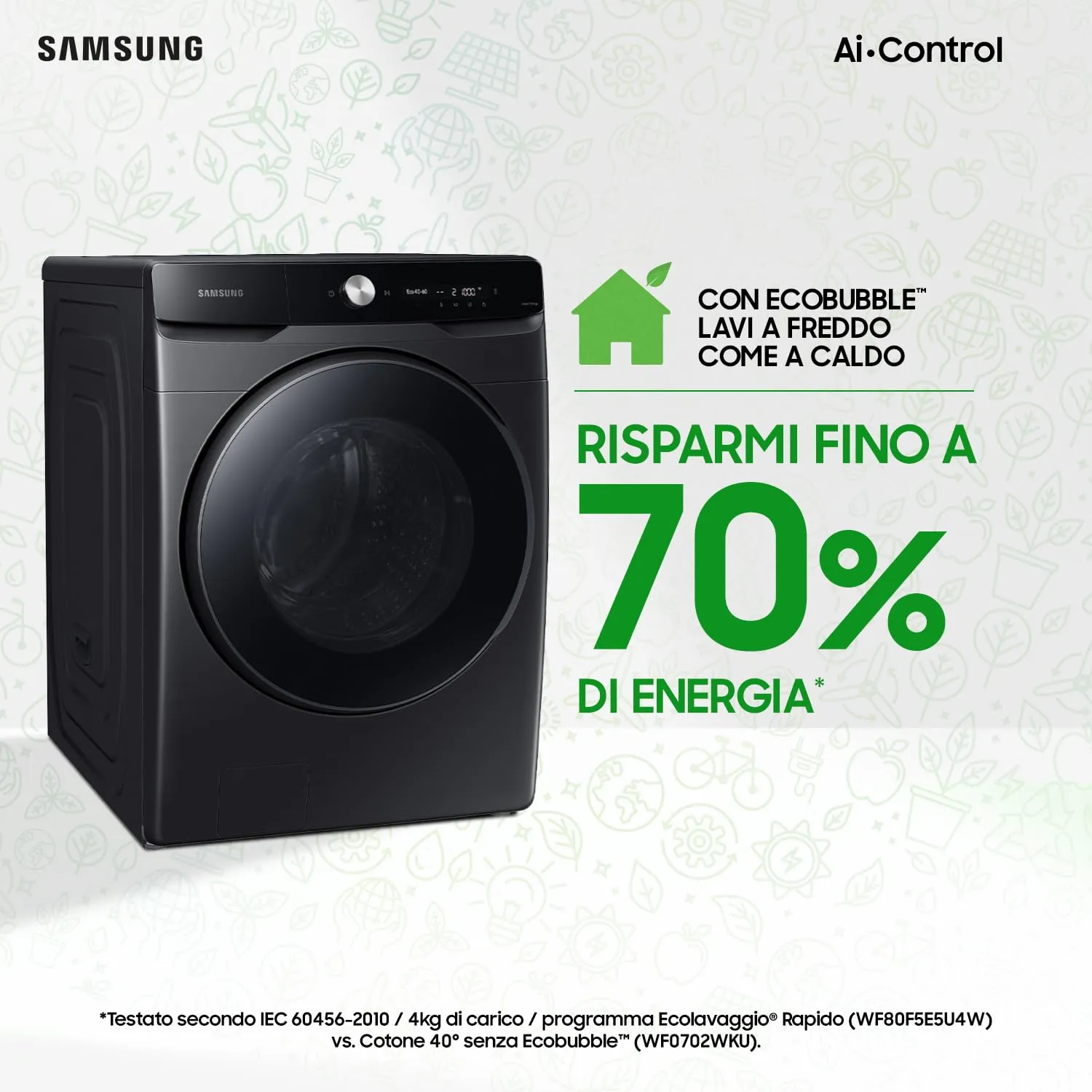 Samsung Lavatrice AI Control WF20DG8650BV/U3 Libera installazione, 20 Kg, Wifi, Ecobubble, AI Wash, Vapore Igienizzante, Carica Frontale, Corpo: Bianco, Oblò: Nero, 68,6l x 98,4h x 87,5p cm - immagine 3