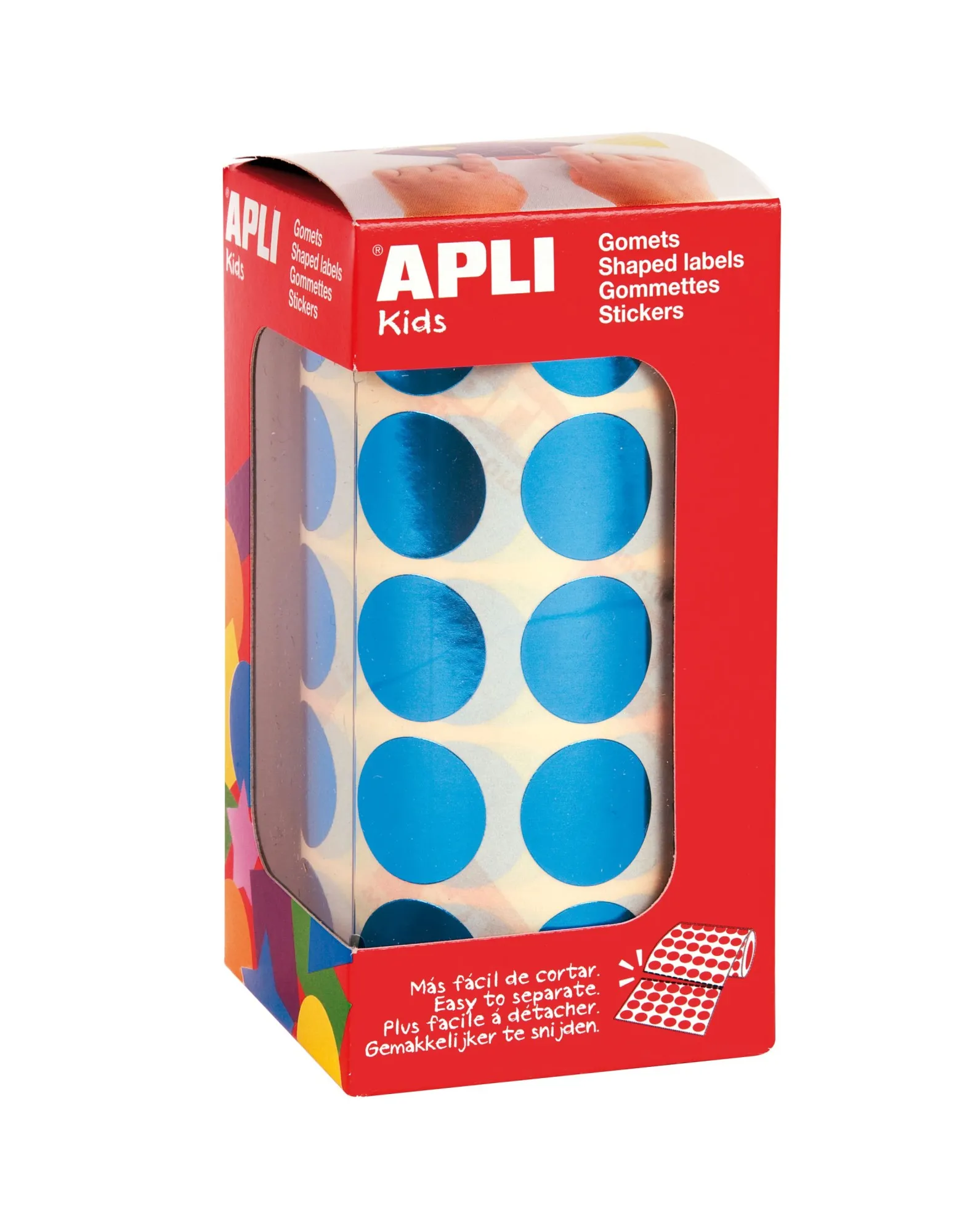 Apli Gomet Rotondi Blu Metallizzato Ø 20mm - 59 Fogli Pretagliati - 1770 Gomet per Rotolo - Ideale per Scuole e Laboratori per Bambini - Conforme agli Standard EN-71 e FSC - immagine 1