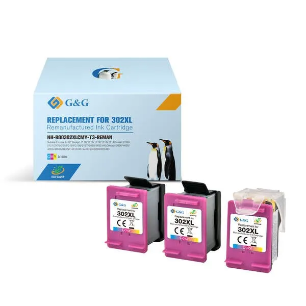 Confezione da 3 cartucce inchiostro rigenerate G&G HP 302XL a colori - Eco Saver - Mostra il livello di inchiostro - Sostituisce F6U67AE/F6U65AE - immagine 1