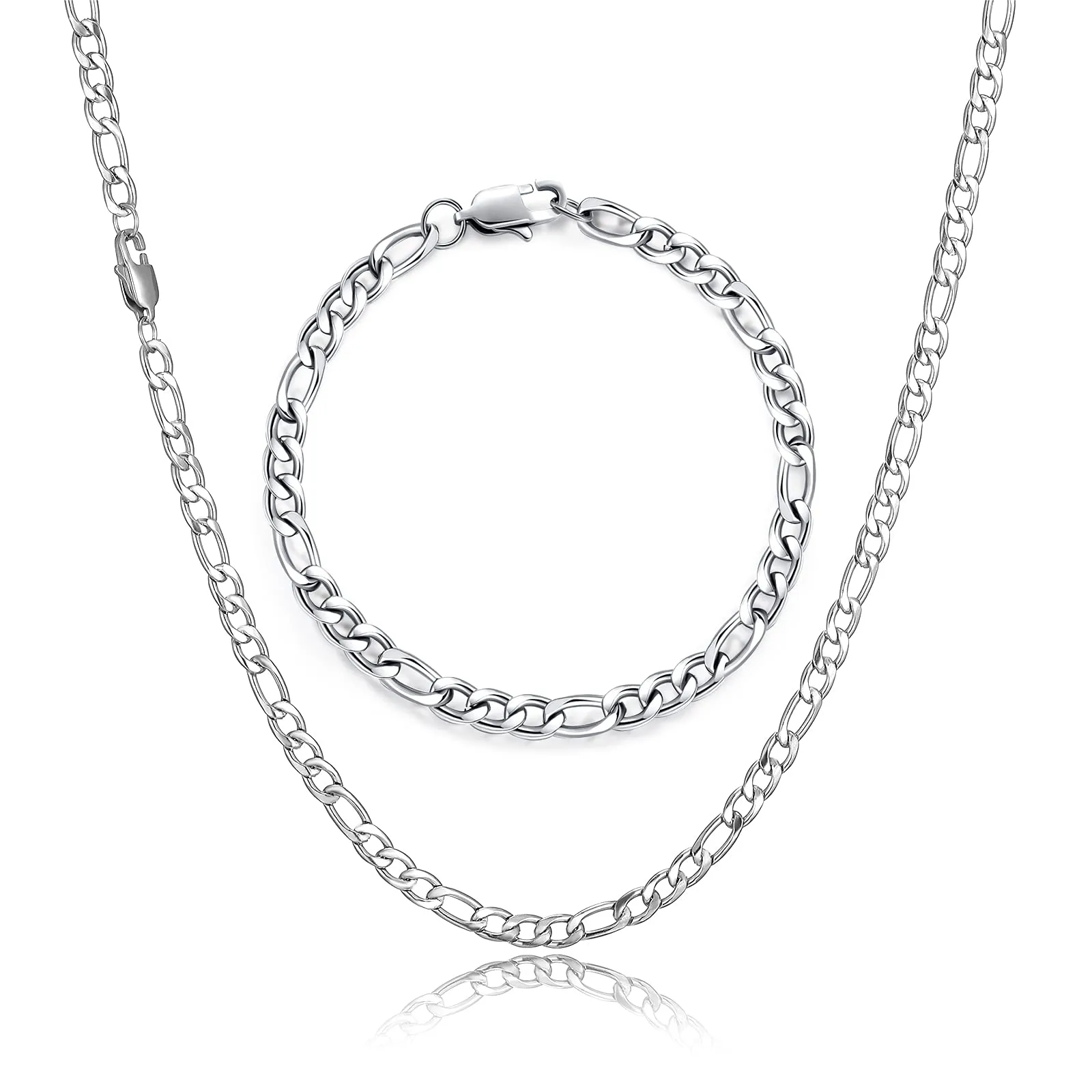 HSWYFCJY Collana Figaro, collana e set di bracciale per donne e uomini - Acciaio inossidabile argento 46/51/56/61 cm (56 cm + bracciale) - immagine 1