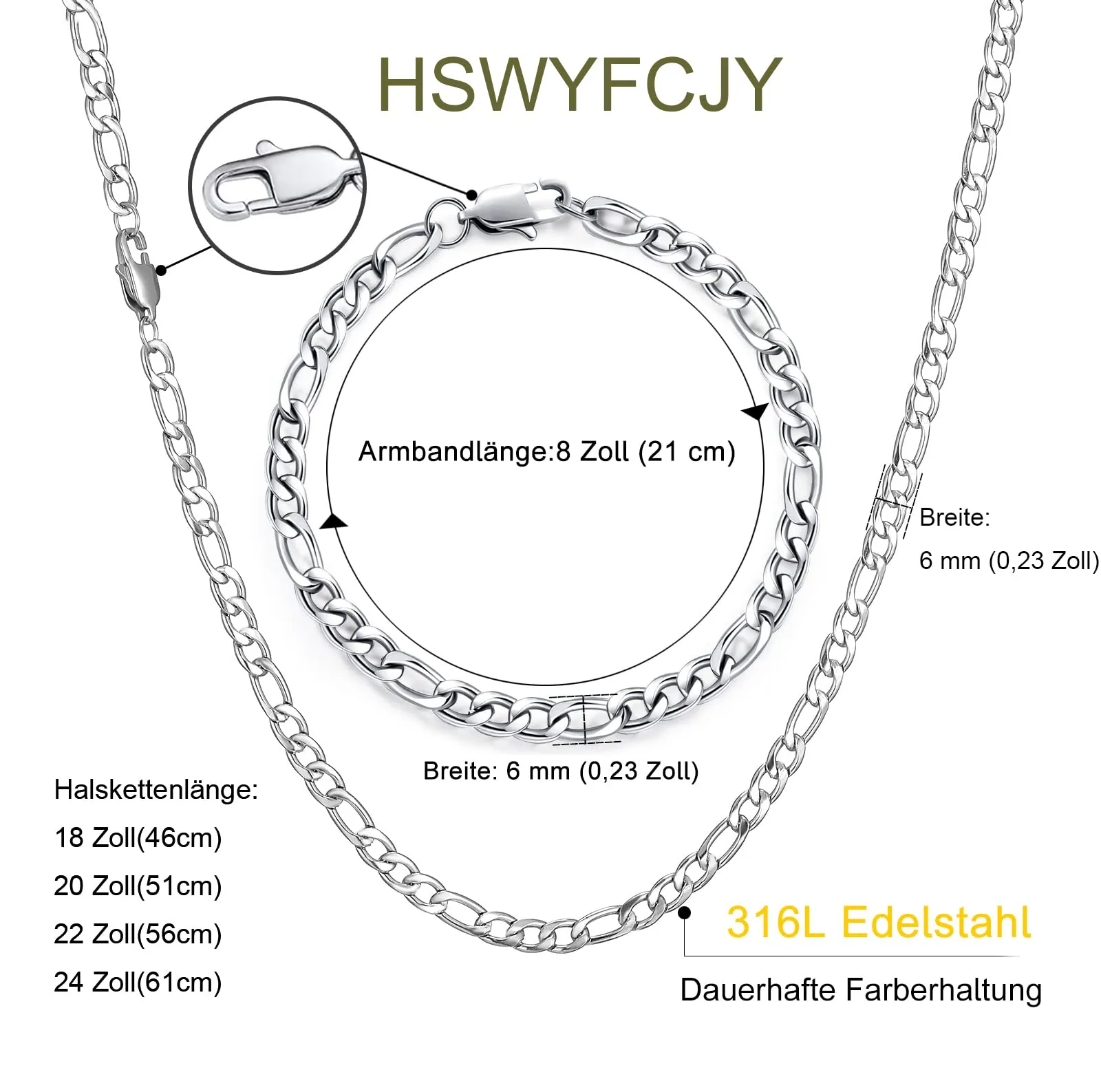 HSWYFCJY Collana Figaro, collana e set di bracciale per donne e uomini - Acciaio inossidabile argento 46/51/56/61 cm (56 cm + bracciale) - immagine 4