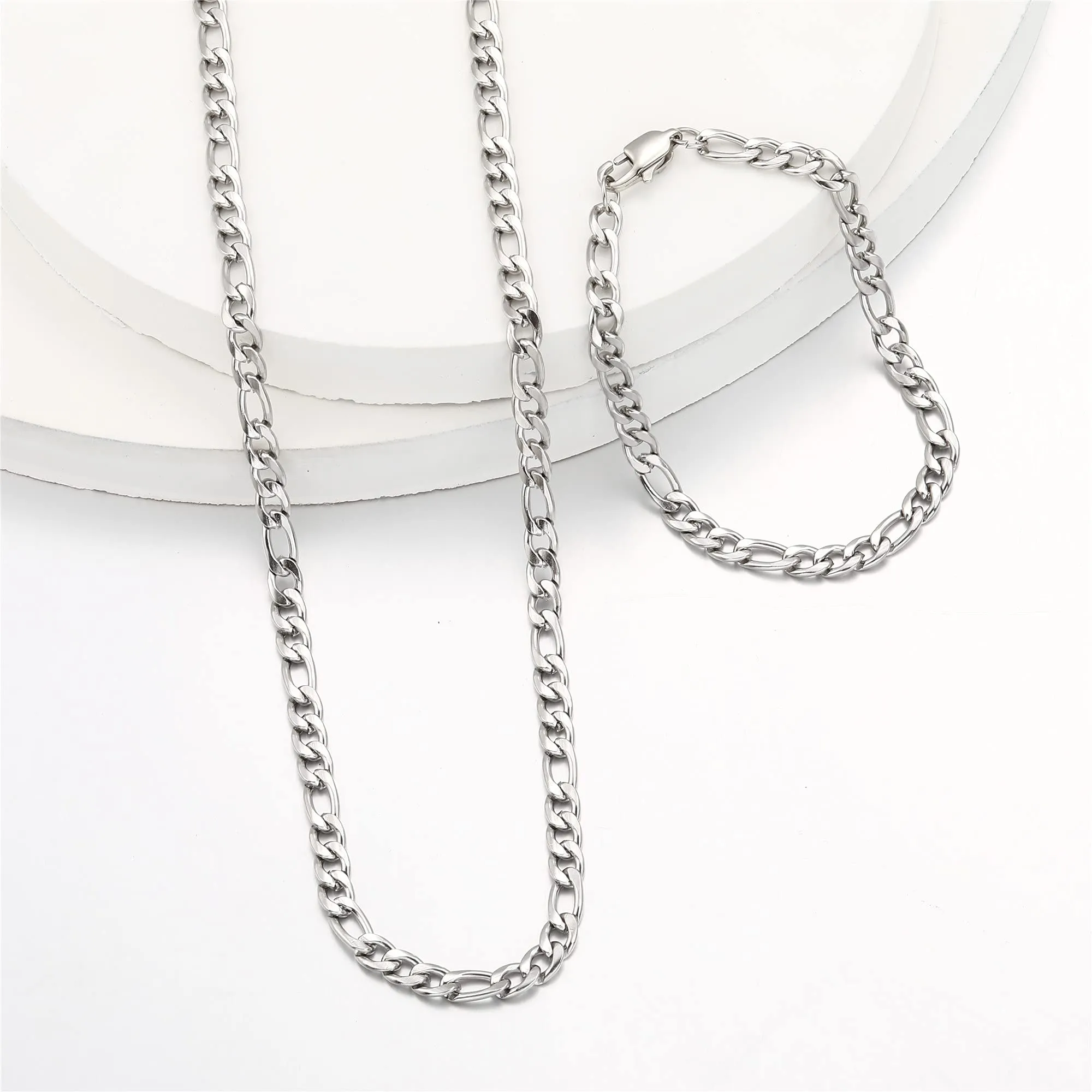 HSWYFCJY Collana Figaro, collana e set di bracciale per donne e uomini - Acciaio inossidabile argento 46/51/56/61 cm (56 cm + bracciale) - immagine 5