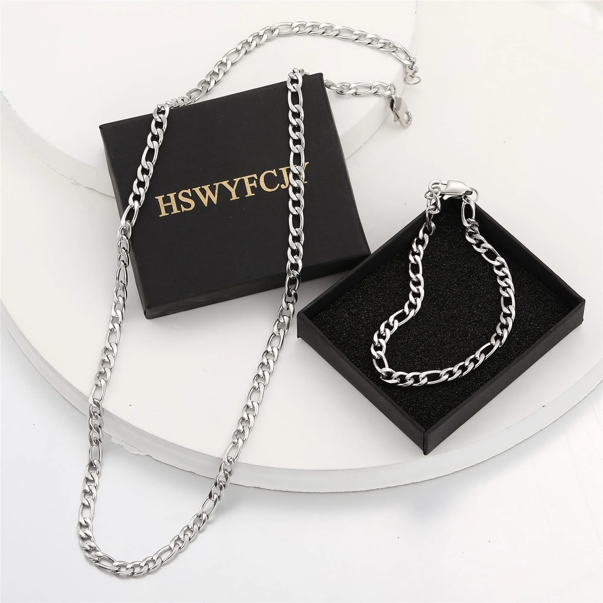 HSWYFCJY Collana Figaro, collana e set di bracciale per donne e uomini - Acciaio inossidabile argento 46/51/56/61 cm (56 cm + bracciale) - immagine 7
