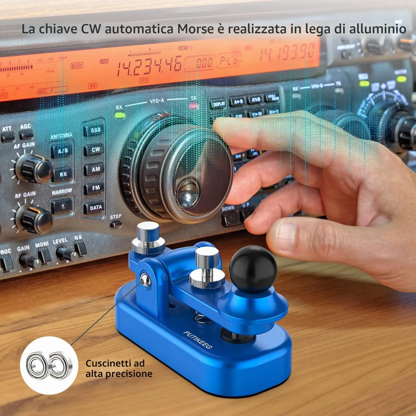 Mini chiave radio Morse CW HAM Send Telegram doppia pagaia Morse Code Key con base corpo in lega di alluminio blu (S) - immagine 2