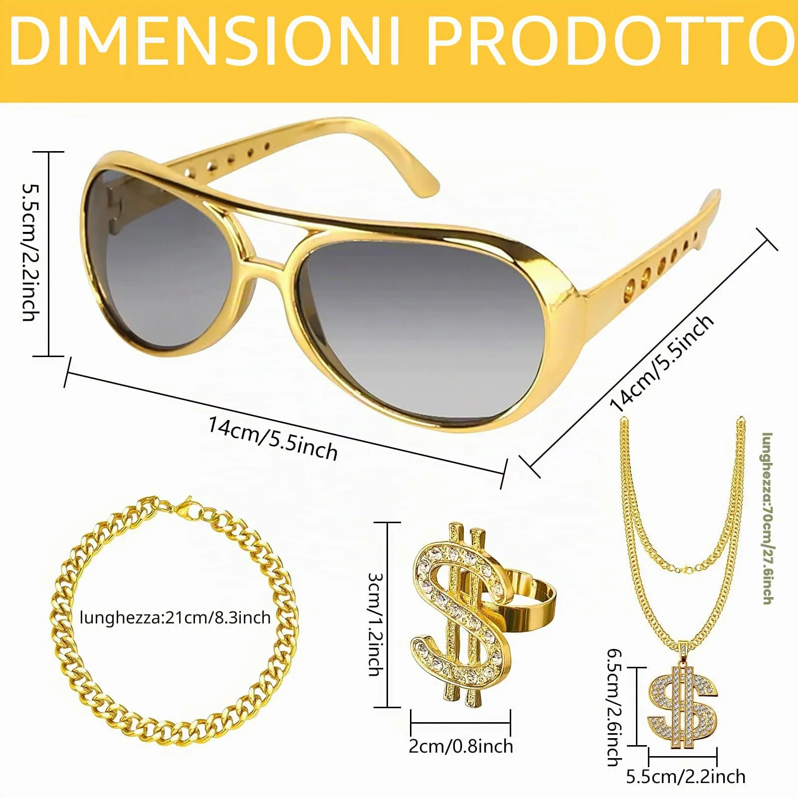 Zkaoai Set di 4 pezzi di catene di dollari, set di catene d'oro con collane di segni di dollari, set di costumi hip hop, set di accessori per costumi hip hop, costumi e accessori anni '80 e '90 - immagine 2