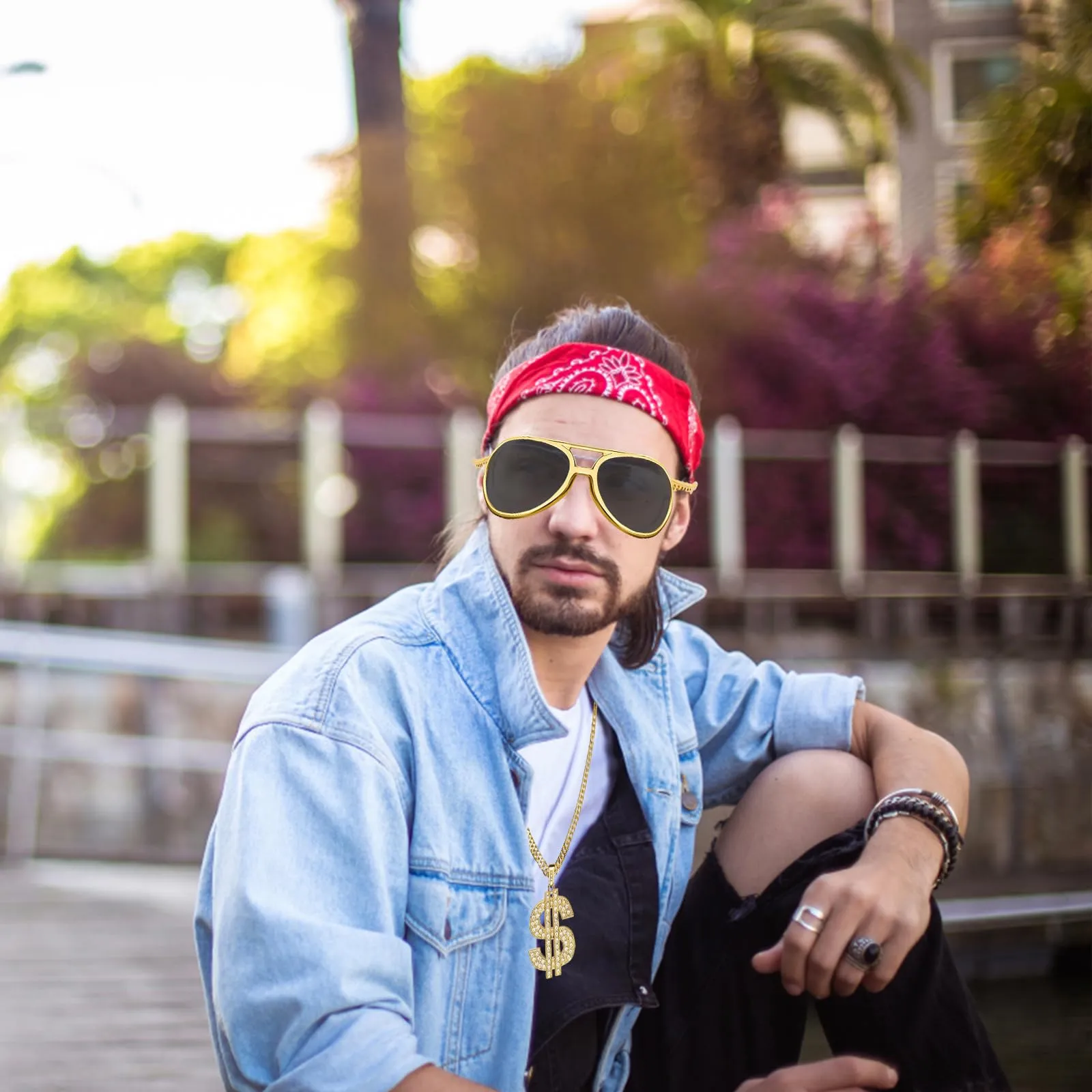 Zkaoai Set di 4 pezzi di catene di dollari, set di catene d'oro con collane di segni di dollari, set di costumi hip hop, set di accessori per costumi hip hop, costumi e accessori anni '80 e '90 - immagine 5