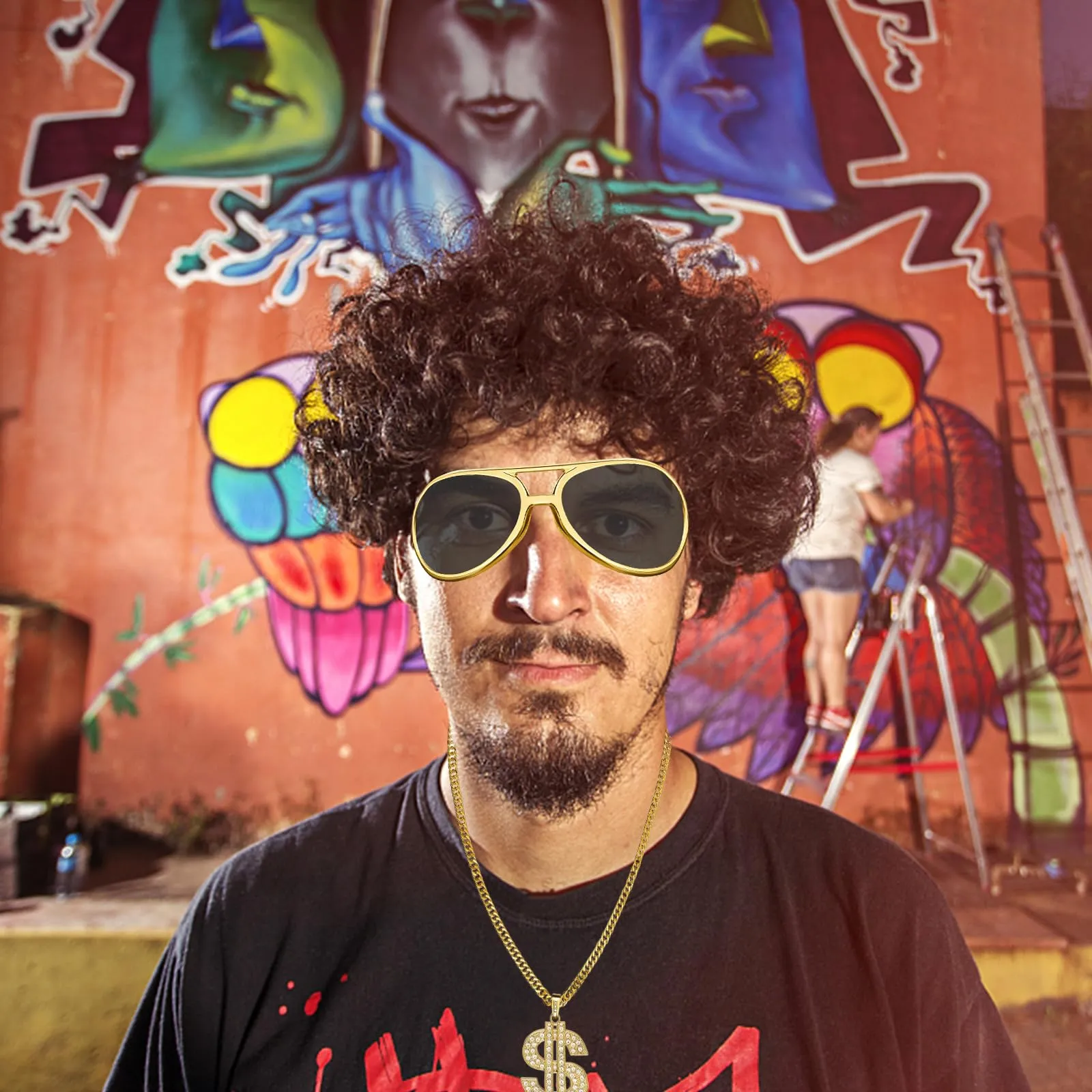 Zkaoai Set di 4 pezzi di catene di dollari, set di catene d'oro con collane di segni di dollari, set di costumi hip hop, set di accessori per costumi hip hop, costumi e accessori anni '80 e '90 - immagine 6