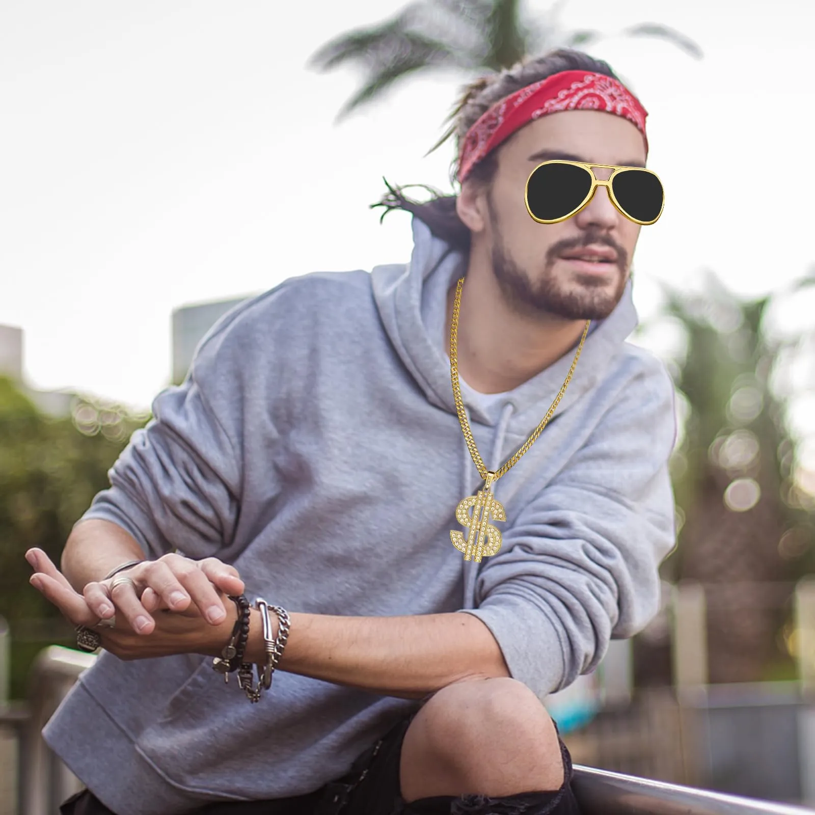 Zkaoai Set di 4 pezzi di catene di dollari, set di catene d'oro con collane di segni di dollari, set di costumi hip hop, set di accessori per costumi hip hop, costumi e accessori anni '80 e '90 - immagine 7