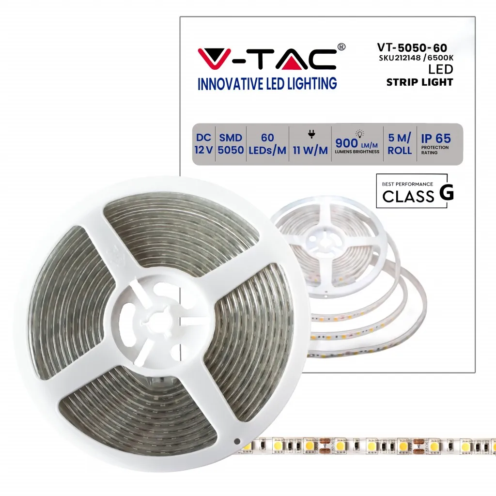 V-TAC Strip LED SMD5050 11W/m 5m 60 LED/m 12V 6500K IP65 10mm - immagine 1