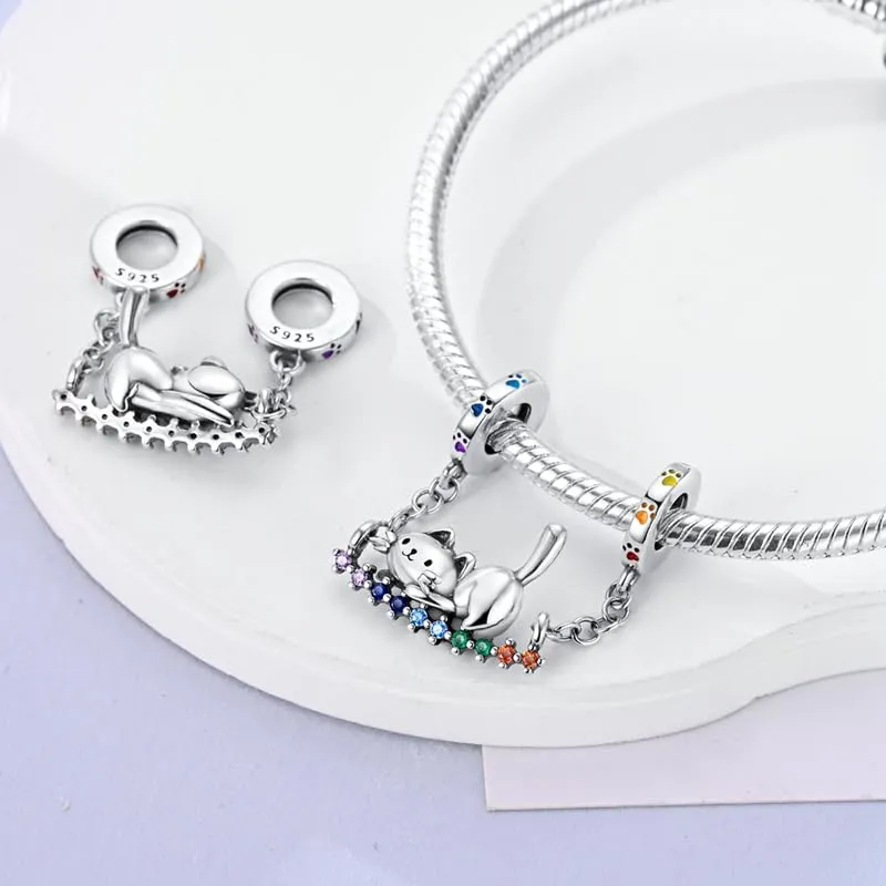 CYCUFF Sterling Silver Charms 925 per Bracciale Europeo, Collane Pendente Perline Gioielli Regalo per Le Donne Amici di Famiglia (Charms gatto arcobaleno) - immagine 2