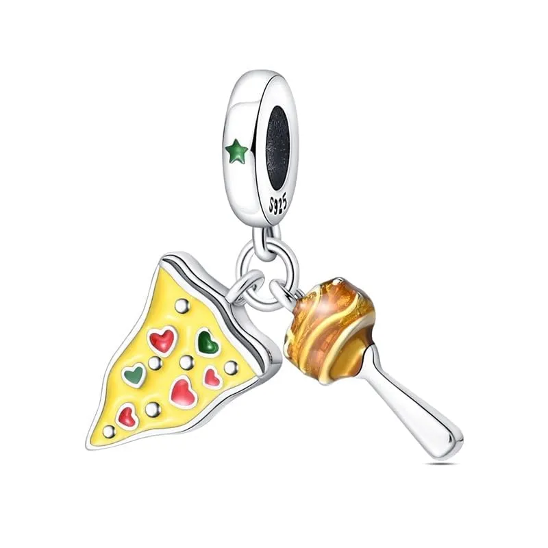 CYCUFF Sterling Silver Charms 925 per Bracciale Europeo, Collane Pendente Perline Gioielli Regalo per Le Donne Amici di Famiglia (set di charms in due pezzi con pizza gourmet) - immagine 2