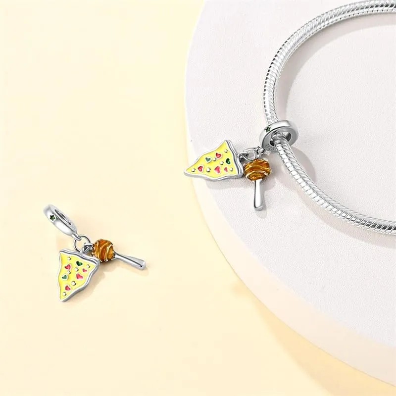 CYCUFF Sterling Silver Charms 925 per Bracciale Europeo, Collane Pendente Perline Gioielli Regalo per Le Donne Amici di Famiglia (set di charms in due pezzi con pizza gourmet) - immagine 3