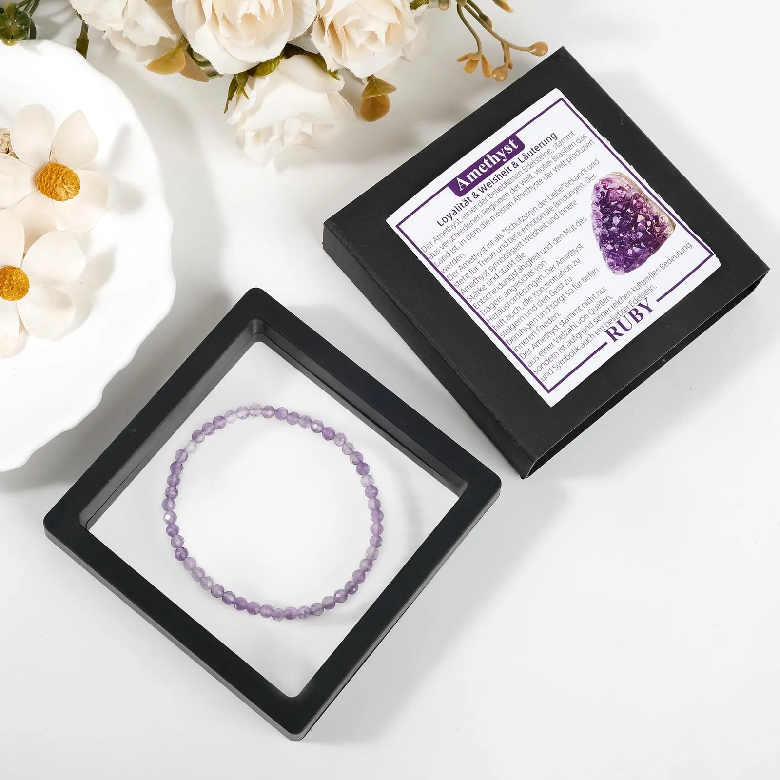 Ruby Bracciale con perle da donna - Bracciale di alta qualità da 4 mm realizzato con pietre naturali autentiche sfaccettate - Con confezione regalo inclusa - immagine 5