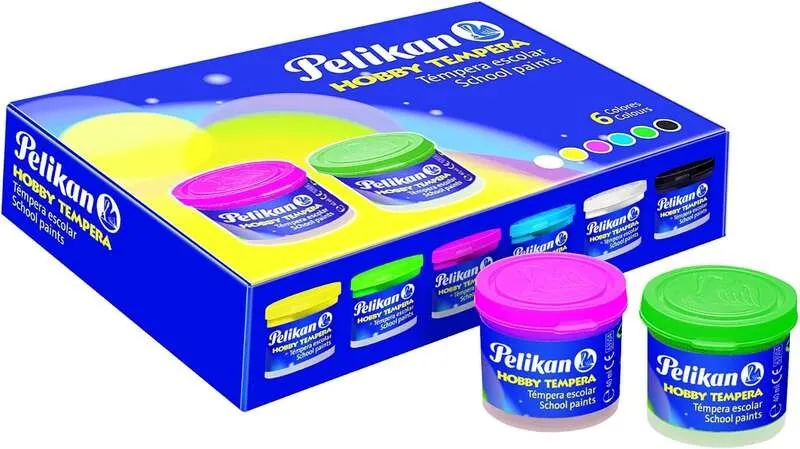 Pelikan Confezione da 6 Vasetti Tempera 40ml + Pennello - Consistenza Pastosa - Resistente Alla Luce - Colori Assortiti - immagine 1