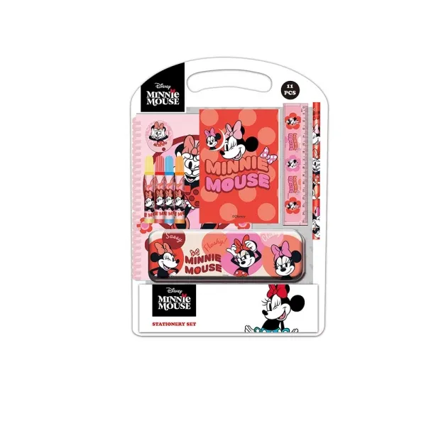 Set scolastico Safta Minnie Mouse Naive con astuccio in metallo - Matita - 4 pennarelli - Righello da 15 cm - Temperamatite - Gomma - Quaderno A4 - Blocco note A6 - 270x30x375 mm - Rosa - immagine 1