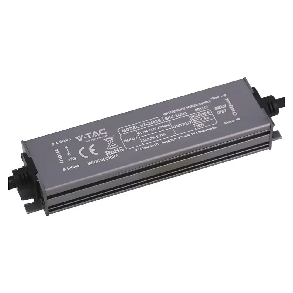 V-TAC Alimentatore LED in Metallo 36W 24V 1.5A con 1 Uscita 140x35x21mm IP67 - immagine 1