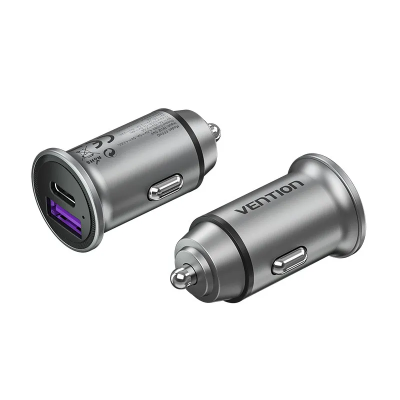 Caricabatteria da Auto Vention 30W 2xUSB (A+C) QC4.0 5A - Design Mini - Alluminio Grigio - immagine 1