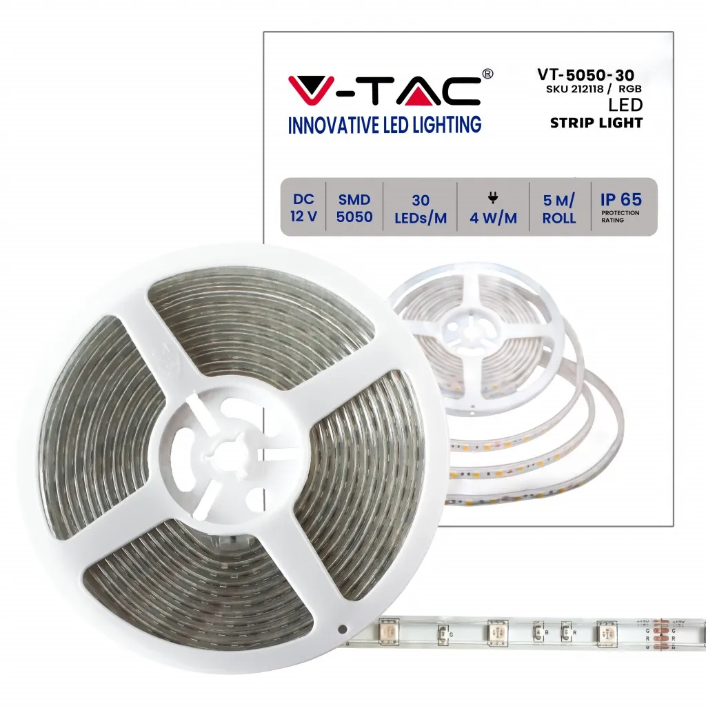 V-TAC Strip LED SMD5050 35W/m 5m 30 LED/m RGB 12V IP65 10mm - immagine 1