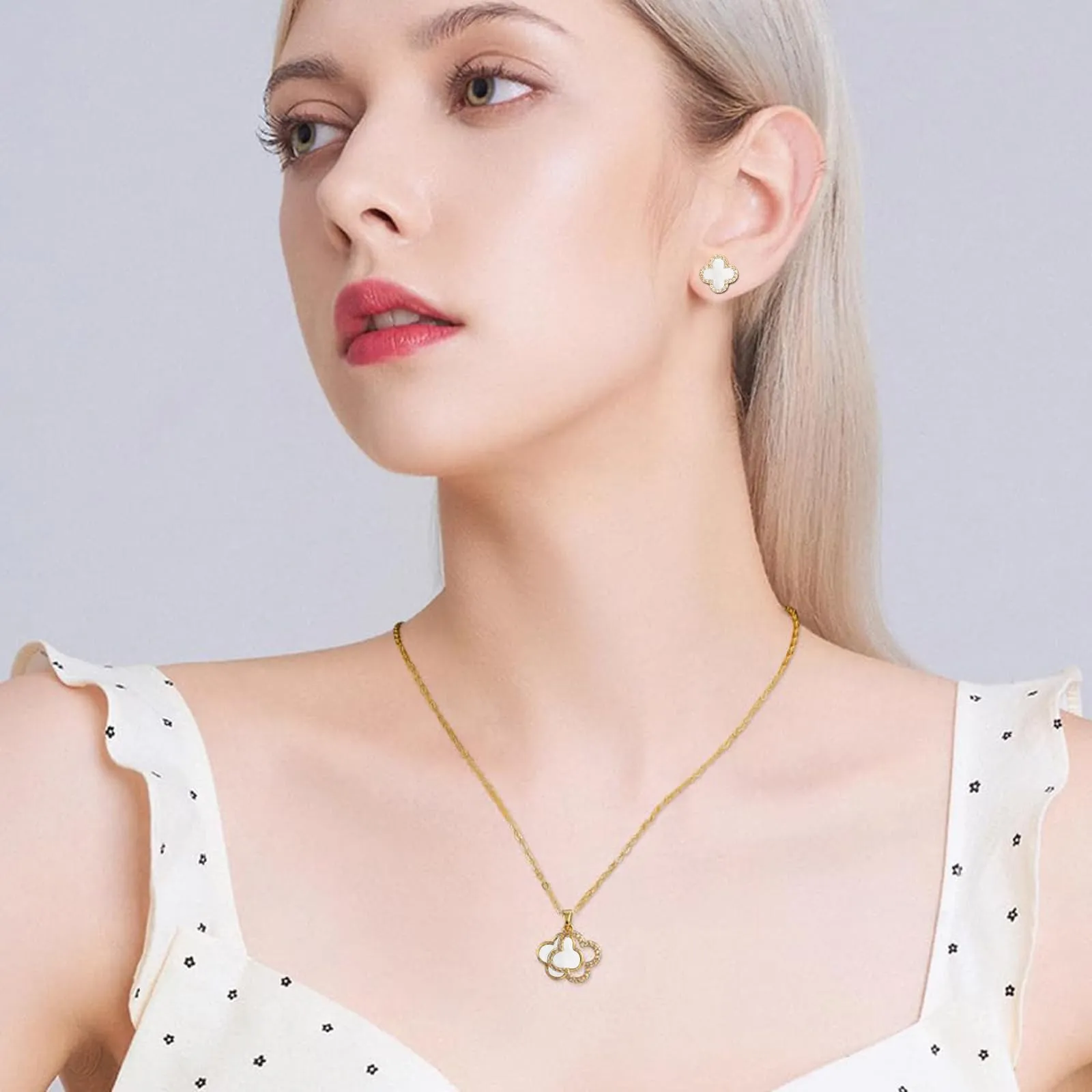 XIWCAFC Quadrifoglio Set di Gioielli da Donna,18K oro rosa Parure Gioielli Set Acciaio al Titanio Set di Collana e Orecchini Parure di Gioielli da Sposa Damigella d'Onore Regalo Dirndl Gioielli (W1) - immagine 5