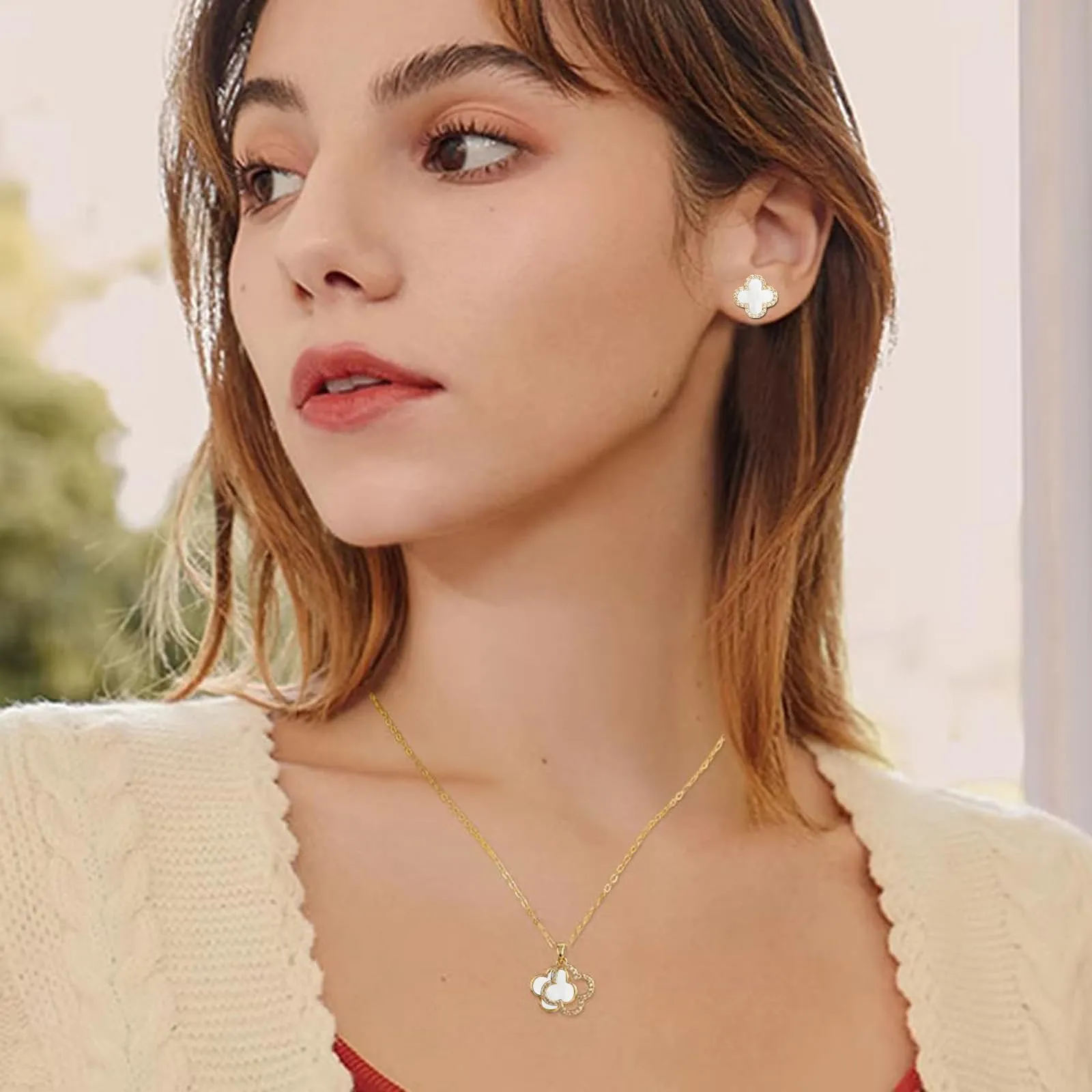 XIWCAFC Quadrifoglio Set di Gioielli da Donna,18K oro rosa Parure Gioielli Set Acciaio al Titanio Set di Collana e Orecchini Parure di Gioielli da Sposa Damigella d'Onore Regalo Dirndl Gioielli (W1) - immagine 6