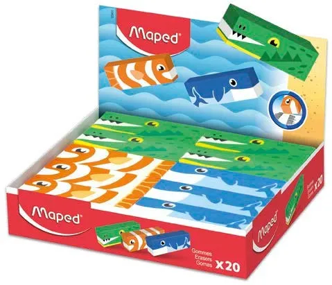 Confezione da 20 gomme da cancellare con 3 disegni di animali - Forma rettangolare - Senza ftalati - Colori assortiti - immagine 1