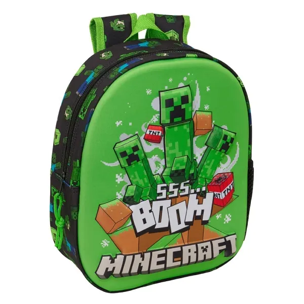 Zaino Safta Minecraft Boom 3D - Portaborraccia - Spallacci imbottiti - Maniglia superiore - 27x33x10 cm - Verde e nero - immagine 1