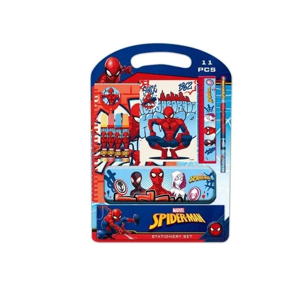 Kit scolastico Safta Spider-Man Attack con astuccio in metallo - Matita - 4 pennarelli - Righello da 15 cm - Temperamatite - Gomma - Quaderno A4 - Blocco note A6 - 270x30x375 mm - Multicolore - immagine 1