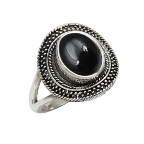 Onice nero cabochon Anello placcato argento gioiello T1085BY6_52 (16.6) - immagine 1