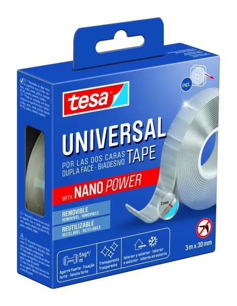 Nastro biadesivo universale Tesa con nano-potenza 30 mm x 3 metri resistente rimozione senza residui riutilizzabile per interni ed esterni trasparente. - immagine 1