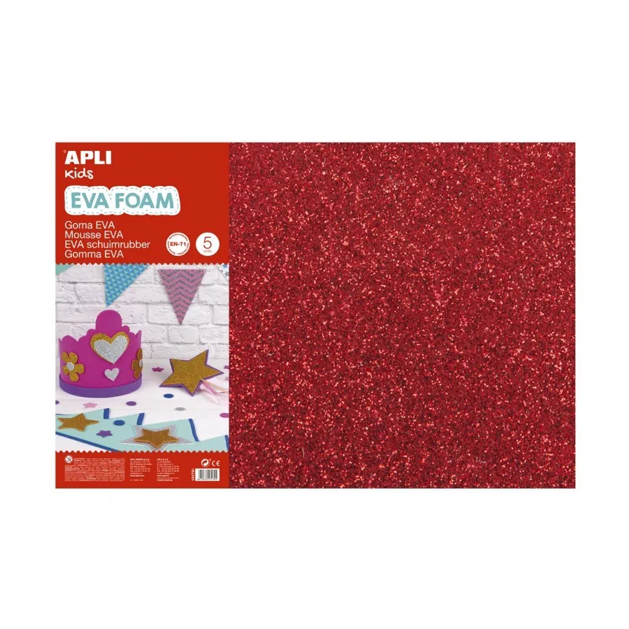 Apli Confezione da 3 Goma Eva Purpurina 600 x 400 mm - Spessore 2 mm - Impermeabile - Termoformabile - Colore Rosso - immagine 1
