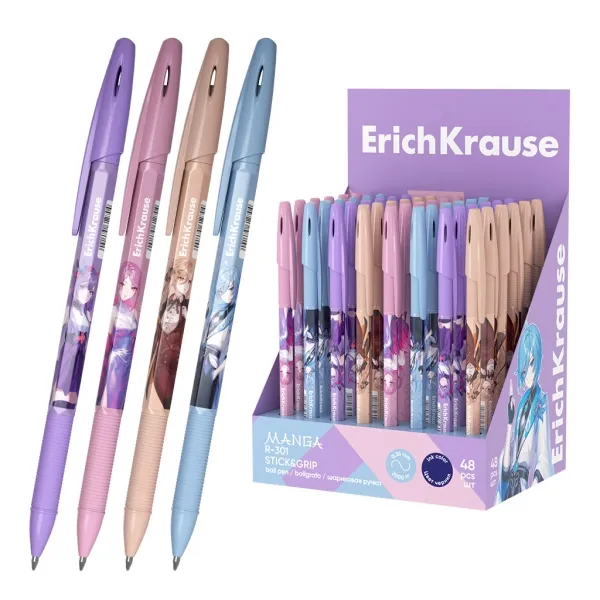 ErichKrause R-301 Stick and Grip Manga Display Case con 48 penne con cappuccio - Modelli assortiti - Tratto da 035 mm - Impugnatura in gomma - Inchiostro ad asciugatura rapida - Cappuccio ventilato - Blu - immagine 1