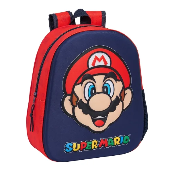 Zaino Safta Super Mario 3D - Cinghia da polso - Porta bottiglia laterale - 27x33x10 cm - Rosso e blu - immagine 1