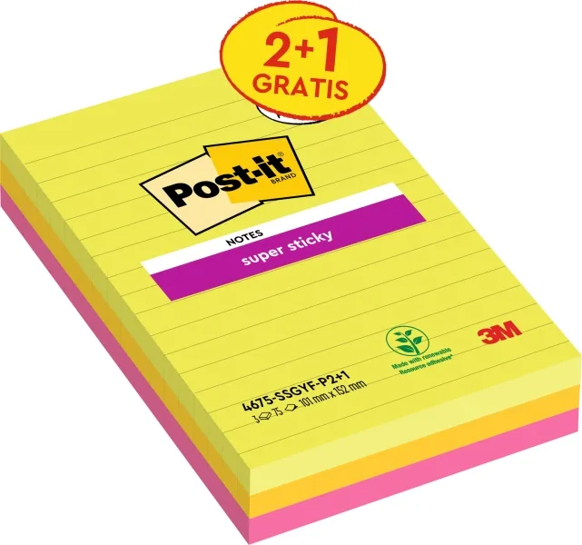 Confezione da 3 blocchetti di Post-it Super Sticky da 75 foglietti adesivi riposizionabili - Forma rettangolare - 101x152 mm - Colori assortiti - immagine 1