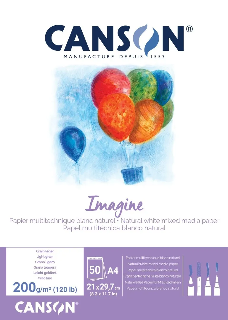 Canson Imagine Blocco incollato da 50 fogli A4 - Grana fine - 21x297 cm - 200 g - Colore bianco - immagine 1