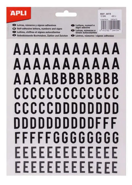 Lettere maiuscole adesive Apli - Altezza 15 mm - Confezione da 4 fogli con 468 lettere - Colore nero - immagine 1