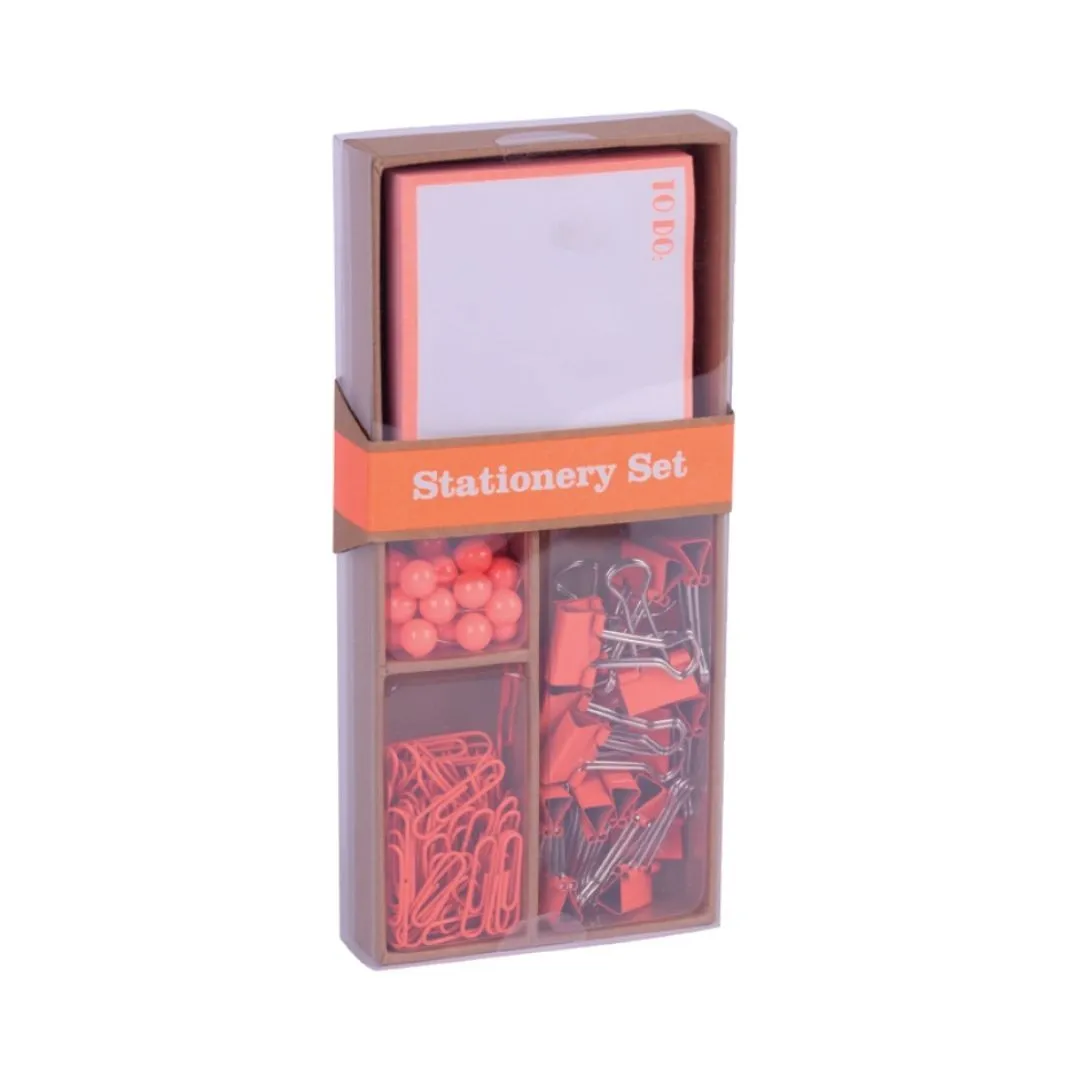 Set da ufficio Apli Fluor Collection - 25 puntine 80 clip da 28 mm 20 clip pieghevoli da 19 mm e 100 fogli di foglietti adesivi arancione fluorescente - Design moderno e accattivante - Prodotto riposizionabile per esposizione 17684 - immagine 1