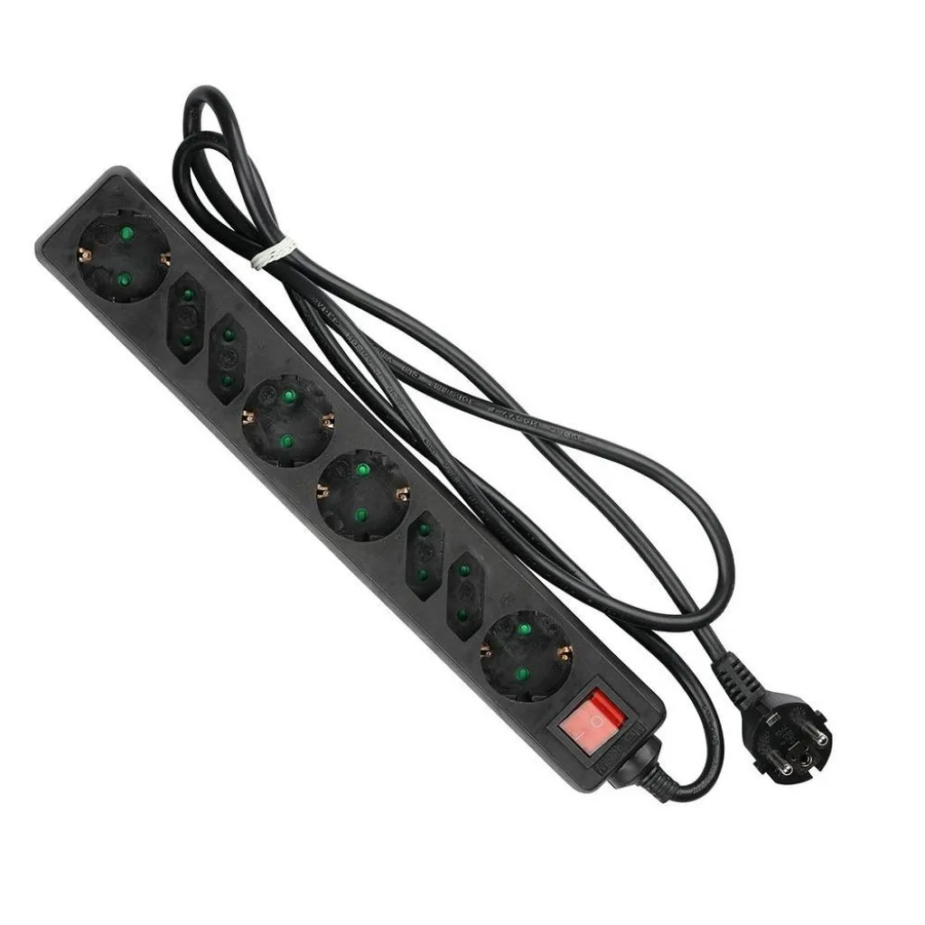 V-TAC Multipresa con Cavo 15m 8 Prese 4 10A 2P + Schuko 4 10A Inclinate e Interruttore Luminoso Spina Schuko Colore Nero - immagine 1