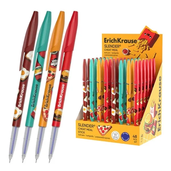 Set di 48 penne ErichKrause Stick Cheat Meal con cappuccio - Modelli assortiti - Tratto da 026 mm - Inchiostro a bassa viscosità - Cappuccio ventilato - Blu - immagine 1