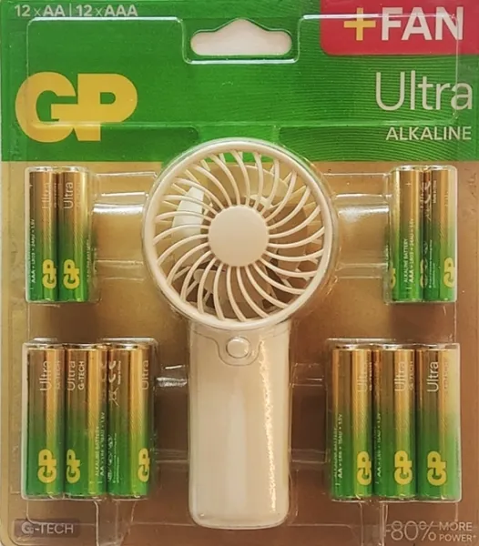 Confezione da 12 batterie alcaline GP Ultra AAA + 12 batterie AA + ventilatore portatile gratuito - immagine 1